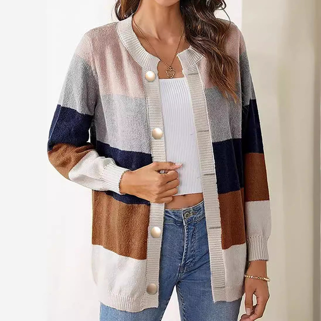 Multicolor Striped Long Sleeve Buttons Cardigan