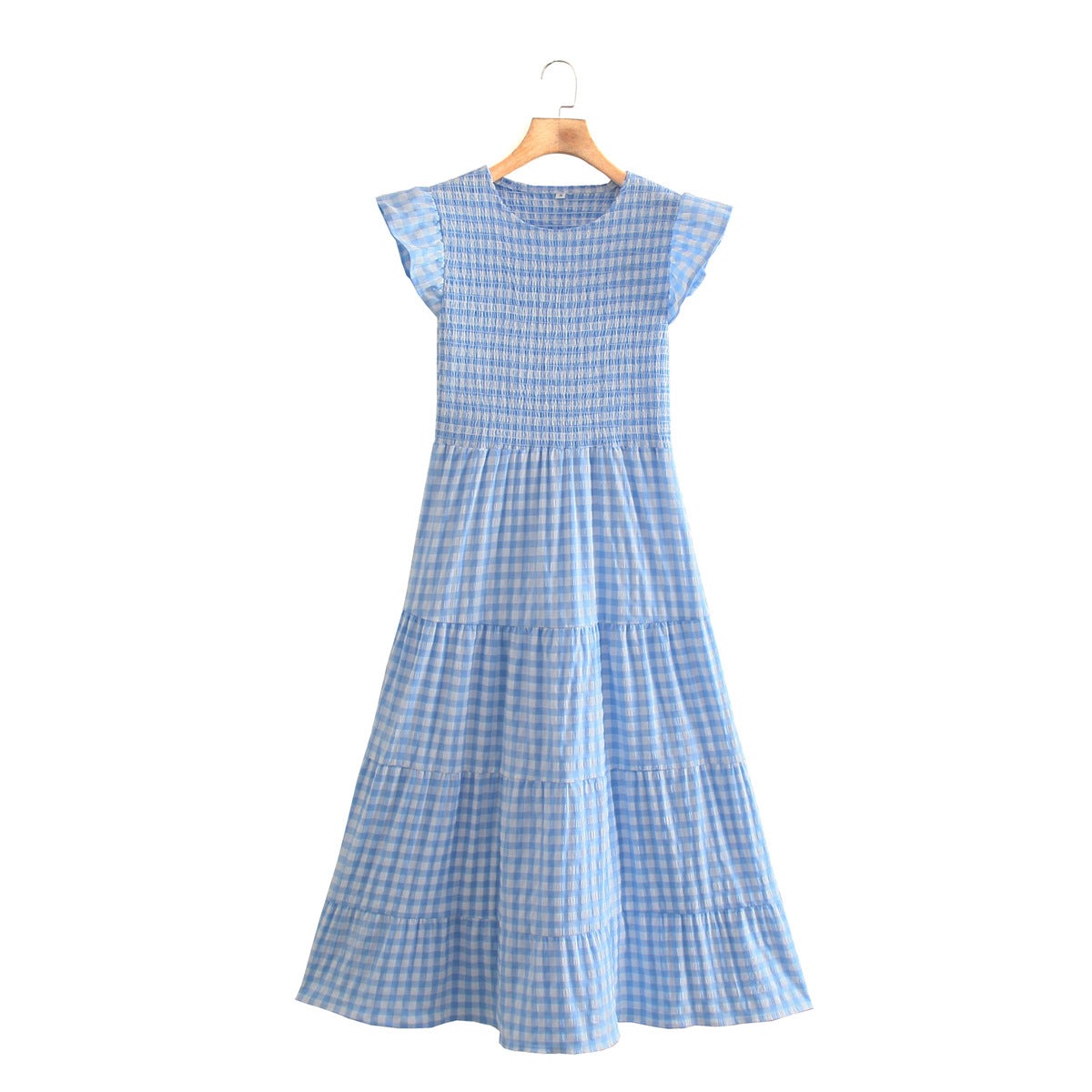 Blue Gingham Smocked Flutter Sleeves Tiered Midi Dress