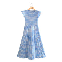 Load image into Gallery viewer, Blue Gingham Smocked Flutter Sleeves Tiered Midi Dress
