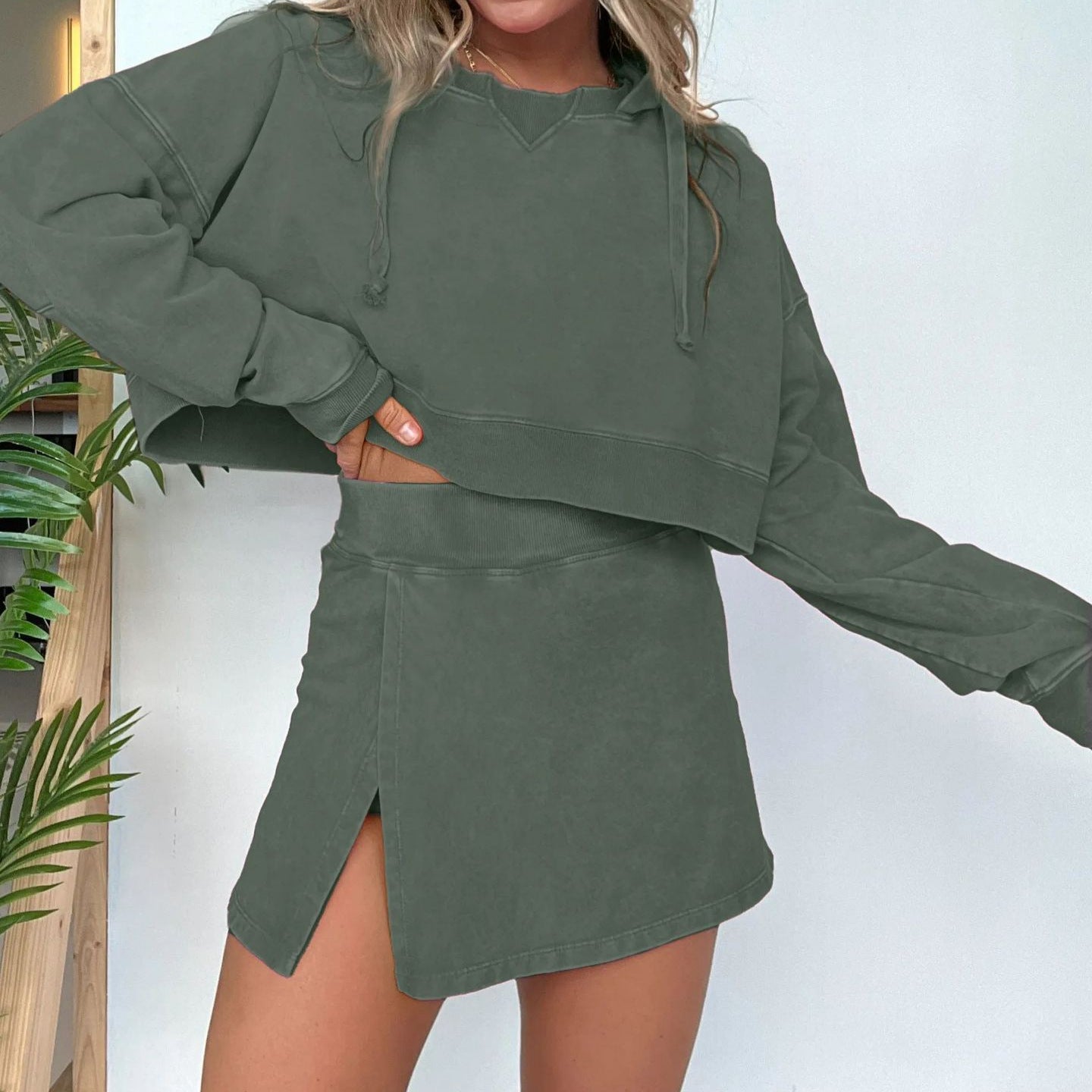 Long Sleeves Cropped Hoodie Split Front Skirt Set