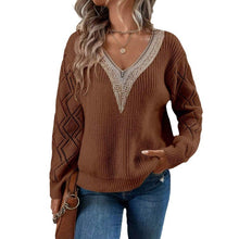 Load image into Gallery viewer, Long Sleeve V-neck Lace Patchwork Sweater

