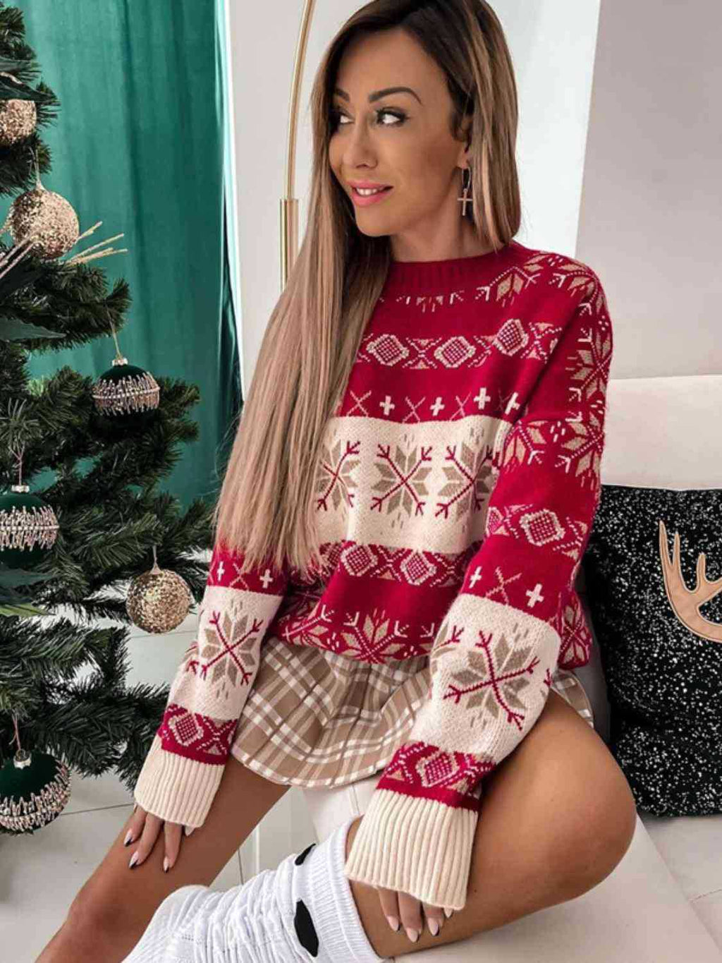 Christmas Snowflake Geometric Pattern Dropped Shoulder Oversize Sweater