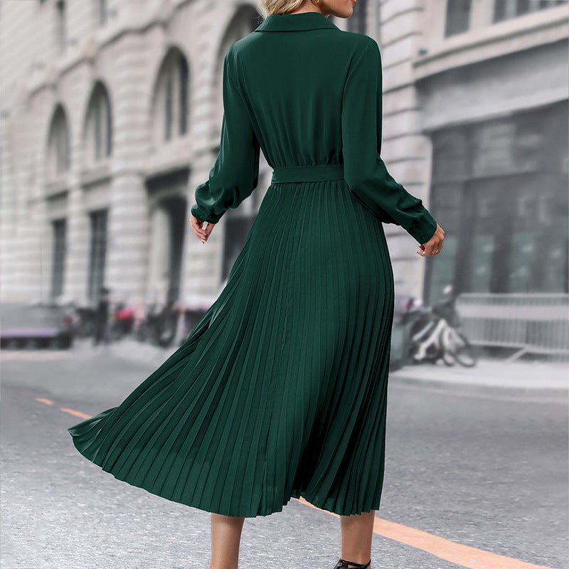 V-neck Long Sleeves Pleated Midi Dress