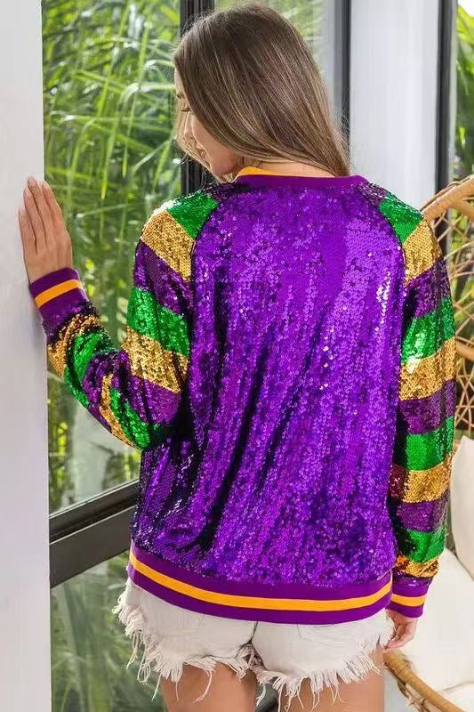 Sparkly Long Sleeve Trendy Party Club Mardi Gras Zipper Jacket
