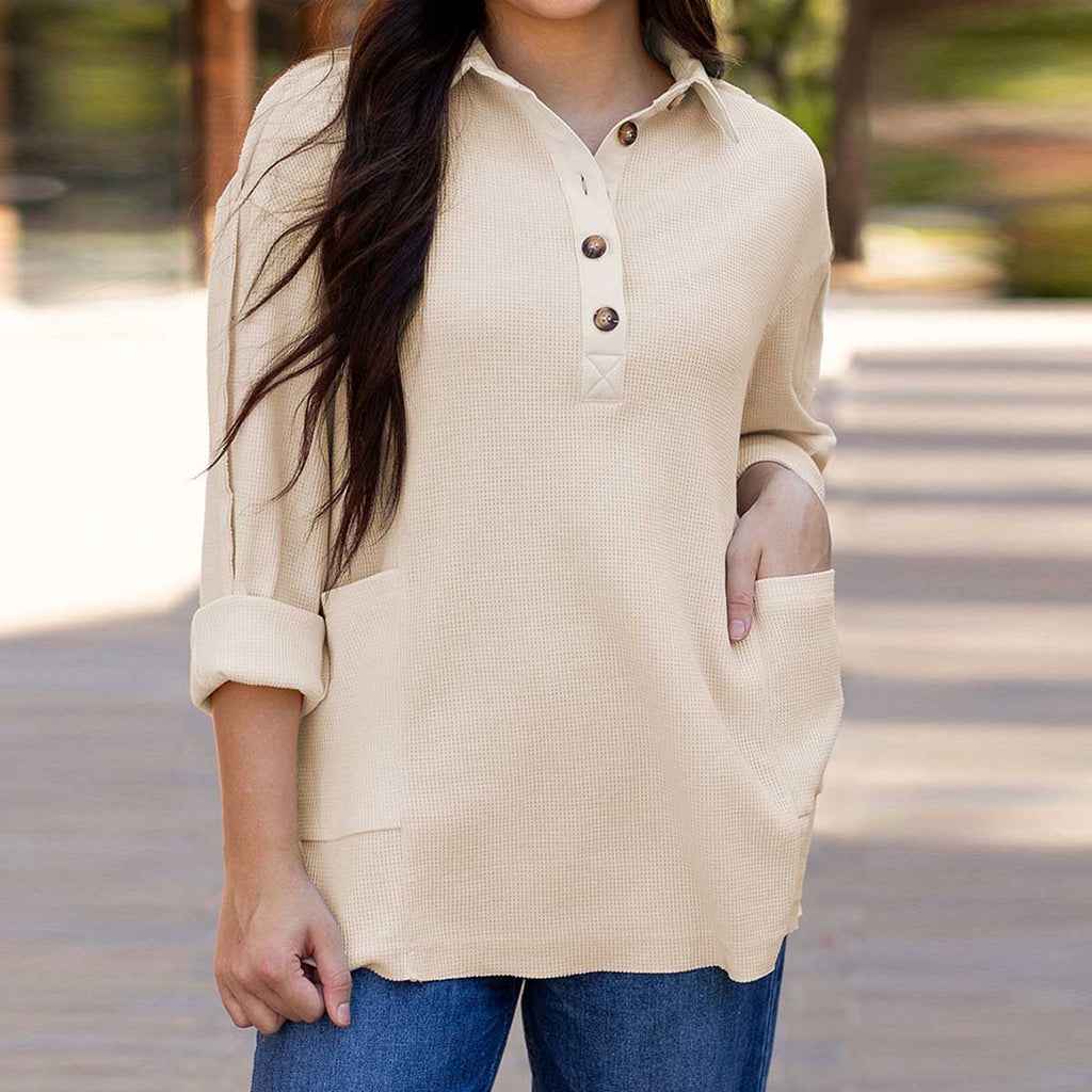 Casual Waffle Patchwork Drop Sleeve Henley Sweatshirt Top