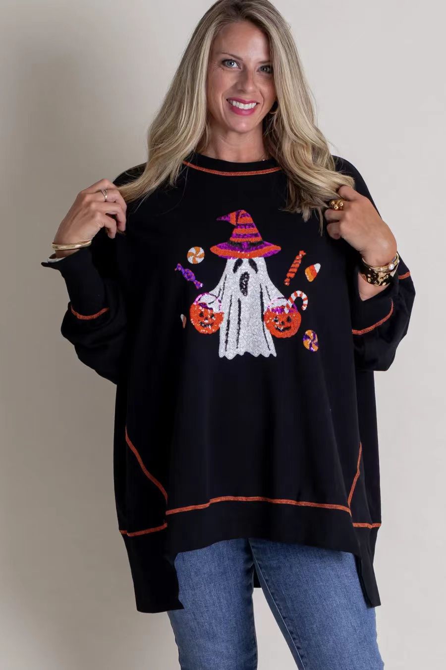Black Halloween Sequin Ghost Long Sleeve Top