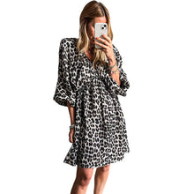Load image into Gallery viewer, Leopard Print Elasticated V Neck 3/4 Puff Sleeve Mini Dress
