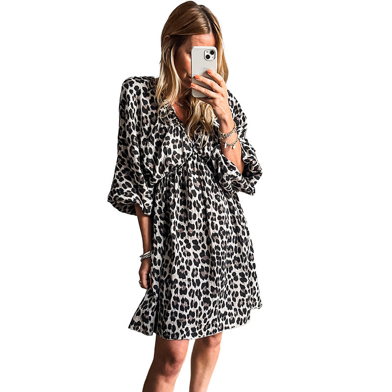 Leopard Print Elasticated V Neck 3/4 Puff Sleeve Mini Dress
