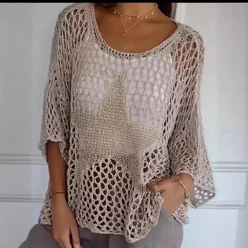 Five-Star Round Neck Hollow Crochet Top