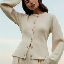 Load image into Gallery viewer, Elegant Ribbed Knit Crew Neck Bell Sleeves Button Front Cardigan
