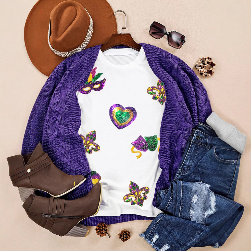 White Sequin Mardi Gras Short Sleeve T-shirt