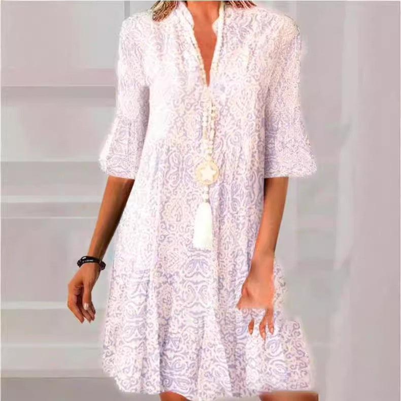 Blue Printed Buttons Front Bell Sleeve Mini Dress