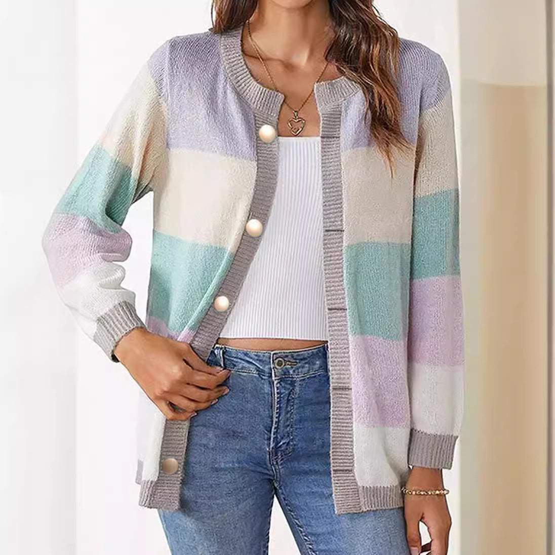 Multicolor Striped Long Sleeve Buttons Cardigan