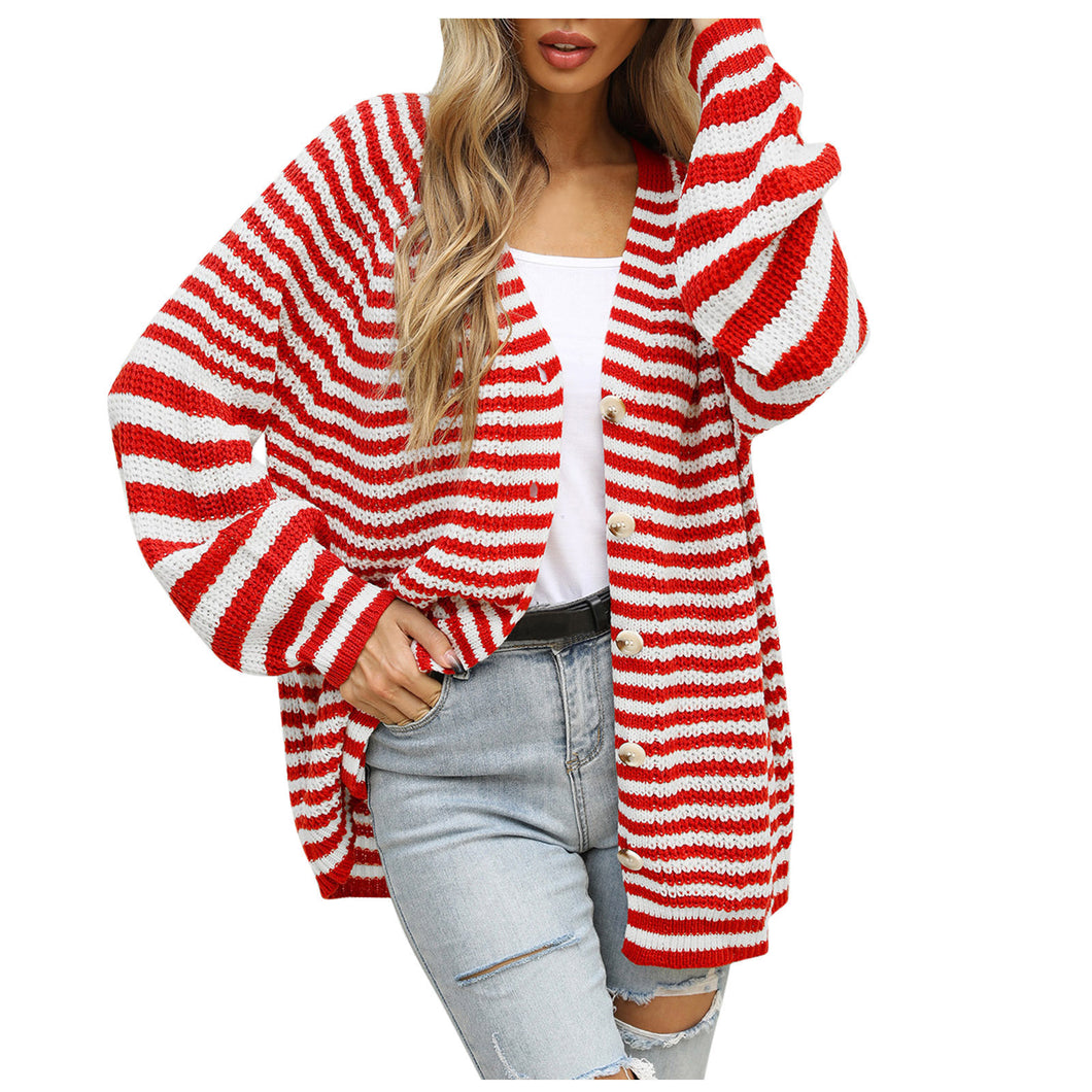 Long Sleeves Stripped V-neck Cardigan