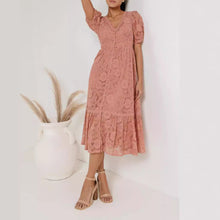 Load image into Gallery viewer, Lace Buttons V Neck A Line Midi Dress

