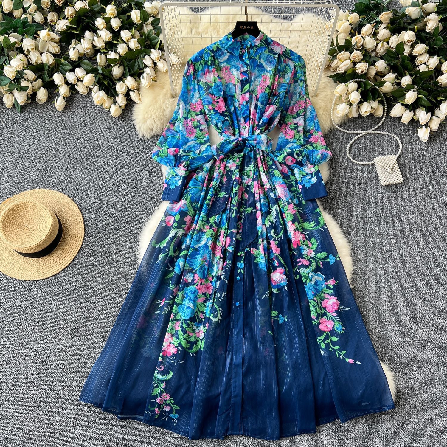 Floral Long Sleeves Buttons Down Maxi Dress