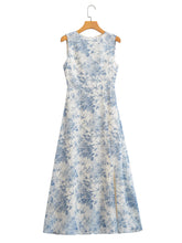Load image into Gallery viewer, Light Blue Floral Print Split Side Midi Dress
