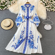 Load image into Gallery viewer, White Blue Floral Print Long Sleeves Buttons Down Maxi Dress
