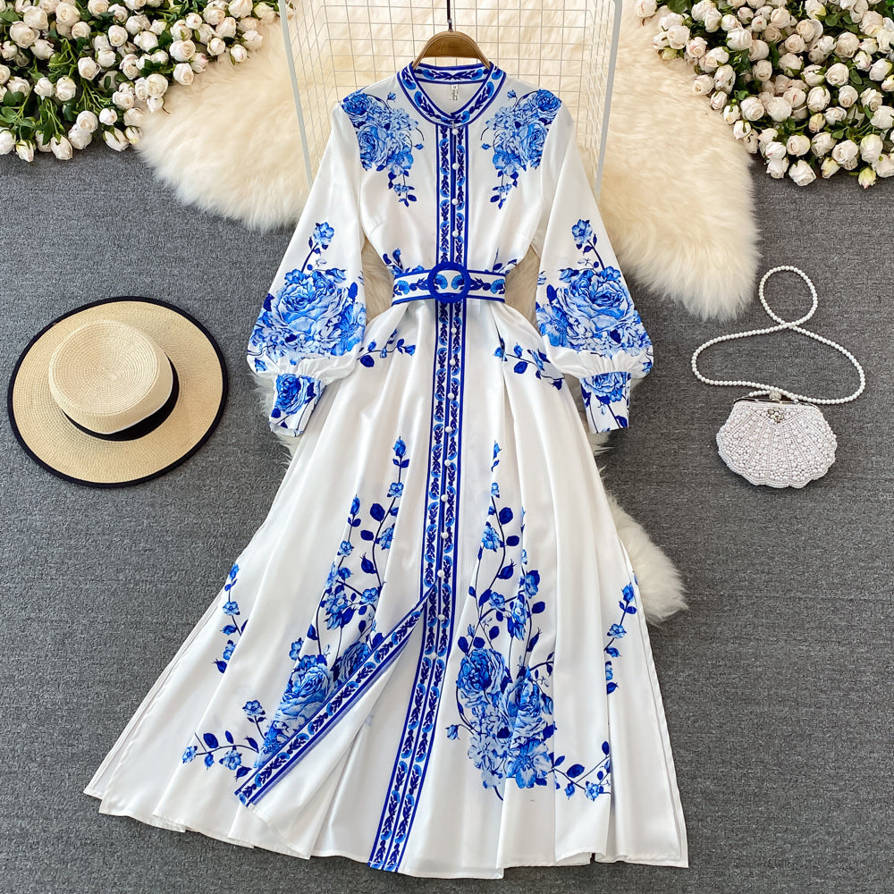 White Blue Floral Print Long Sleeves Buttons Down Maxi Dress