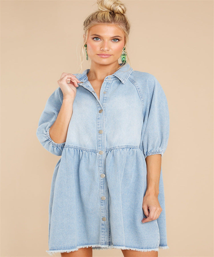 Collar Buttons Down Raw Hem Half Sleeve Mini Denim Dress