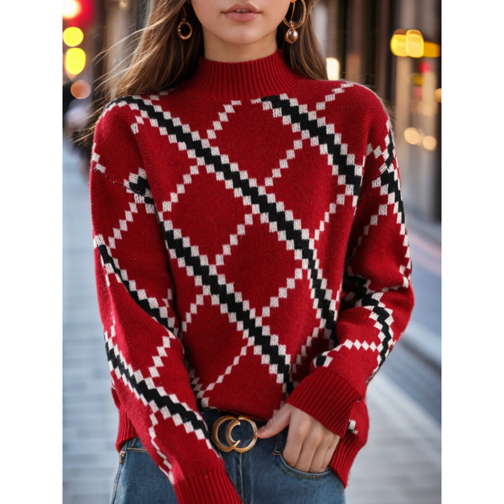 Vintage Half-Turtleneck Color-Block Jacquard Sweater