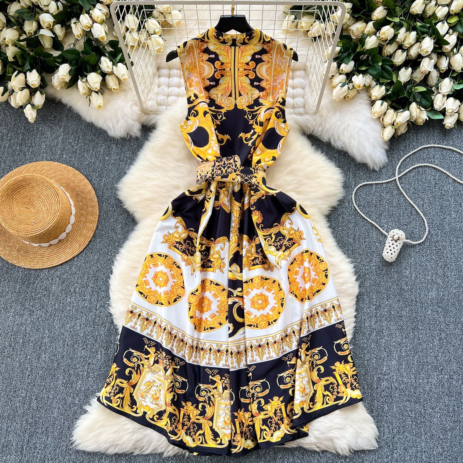 Sleeveless Buttons Down Belt Midi Dress