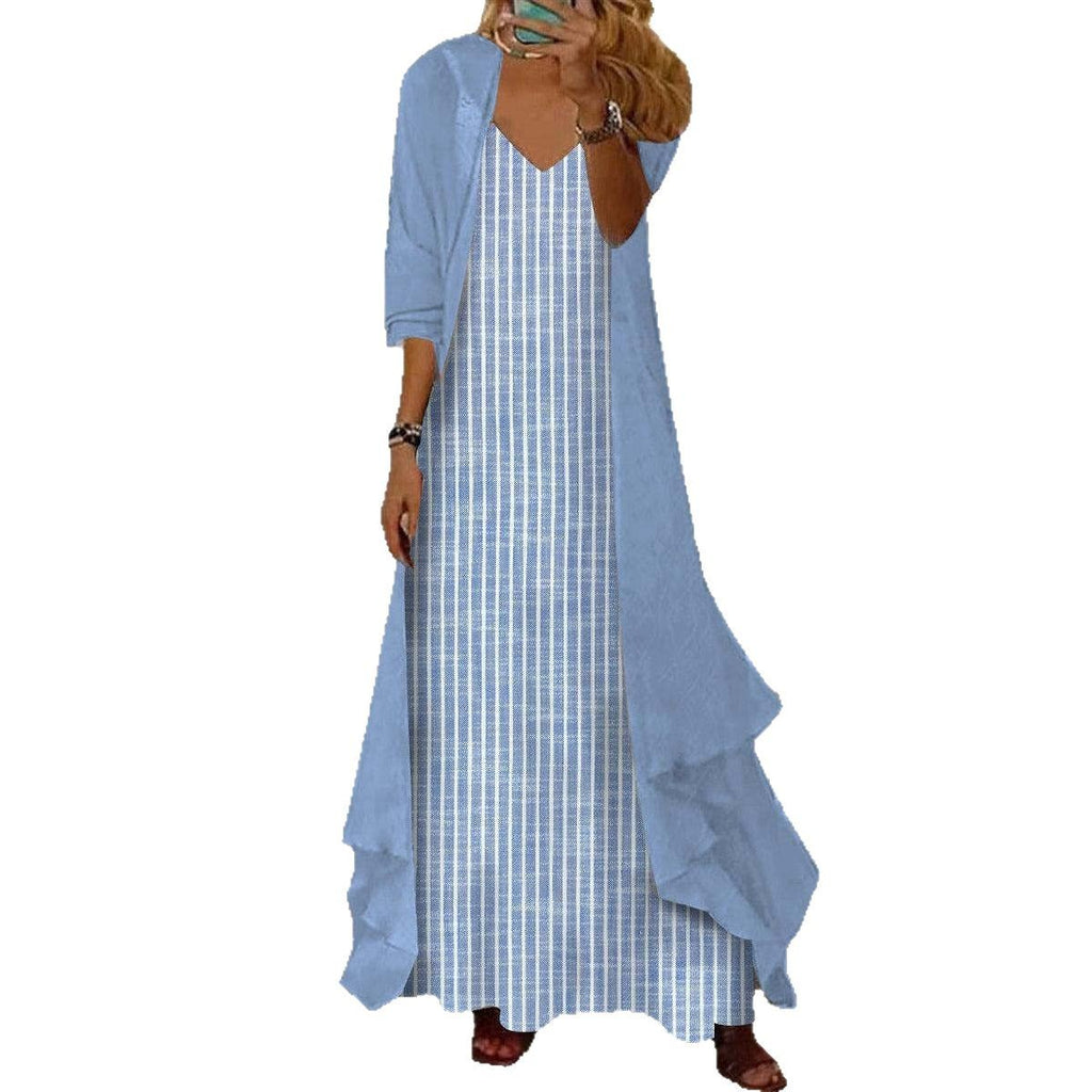 Blue Striped Print Maxi Dress With Outerwear Two Piece