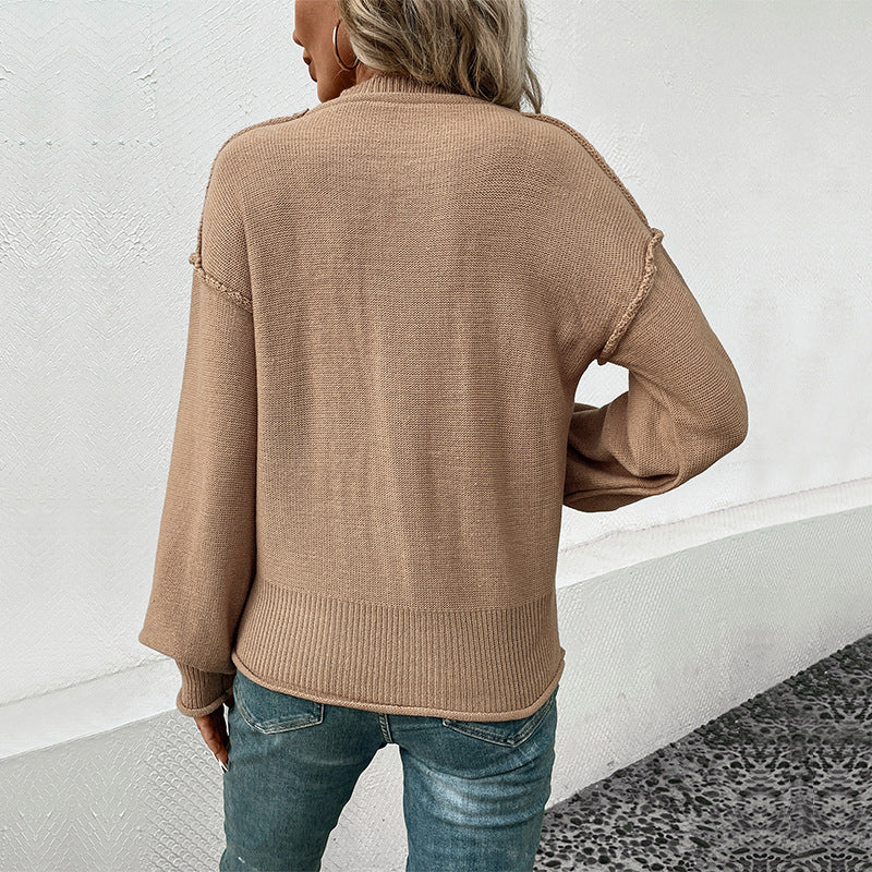 Casual Pockets Round Neck Pullovers Long Sleeve Sweater