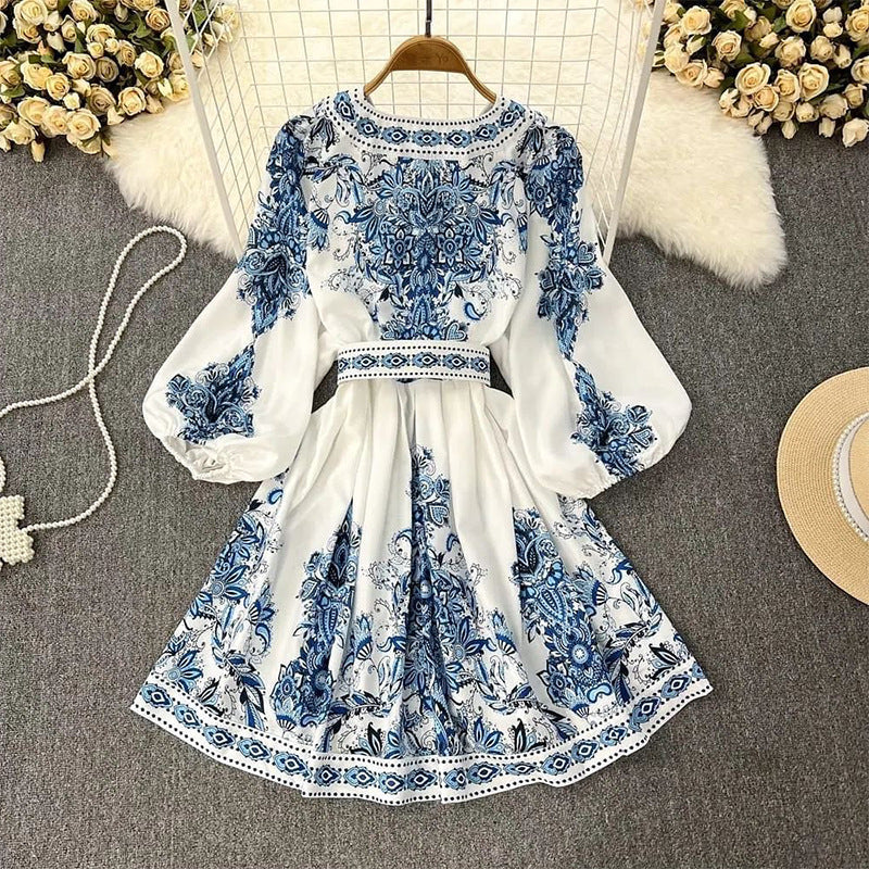 Elegant Printed Long Sleeves Belt Midi Dress