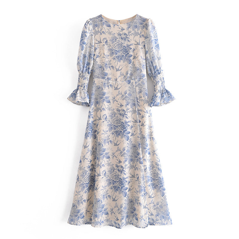 Blue Floral Print Ruffled Sleeves Slit Side Midi Dress