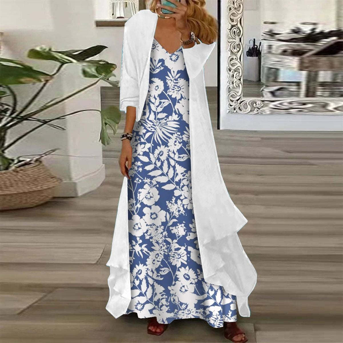 Elegant Floral Print Maxi Dress With Outerwear Two Piece Dress