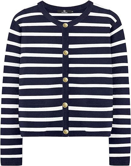 Casual Stripe Buttons Round Neck Cardigan