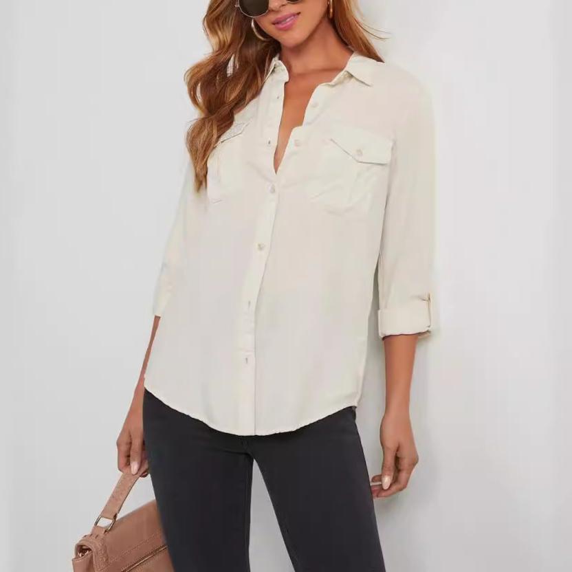 Simple Lapel Single-Breasted Long Sleeve Denim Shirt