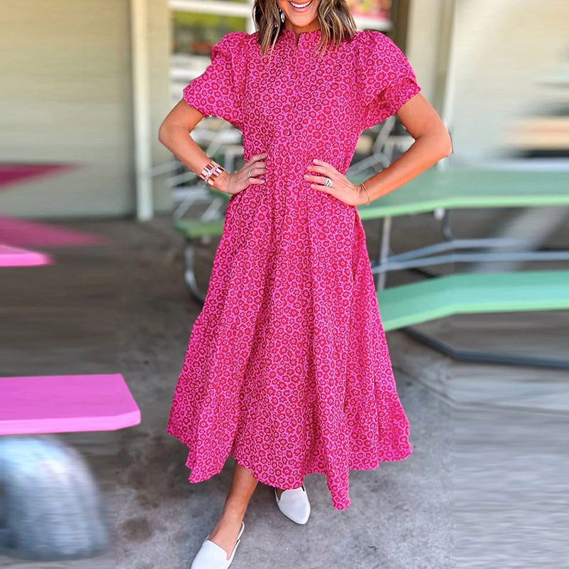 Hot Pink Floral Mock Neck Puff Sleeve Tiered Midi Dress