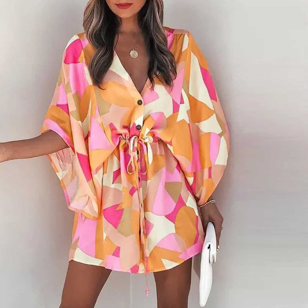 Chic Printed Batwing Sleeves Mini Dress