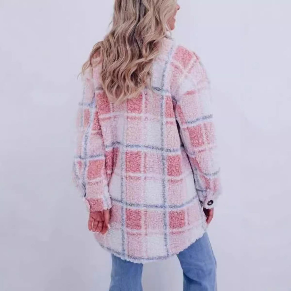 Collar Long Sleeve Teddy Plaid Wool Jacket