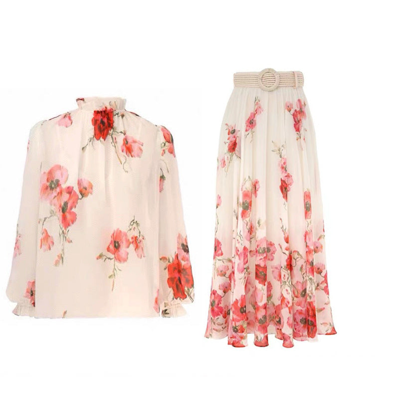 Floral Long Sleeves Midi Two Piece Dress