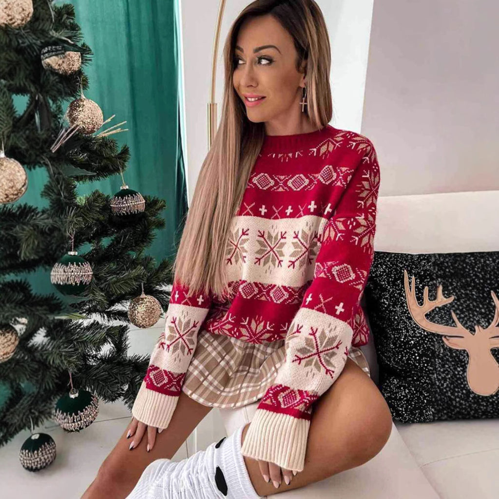 Christmas Snowflake Geometric Pattern Dropped Shoulder Oversize Sweater
