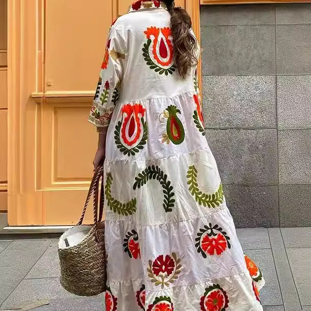 Botanical Print Lapel Ruffled Resort Maxi Dress