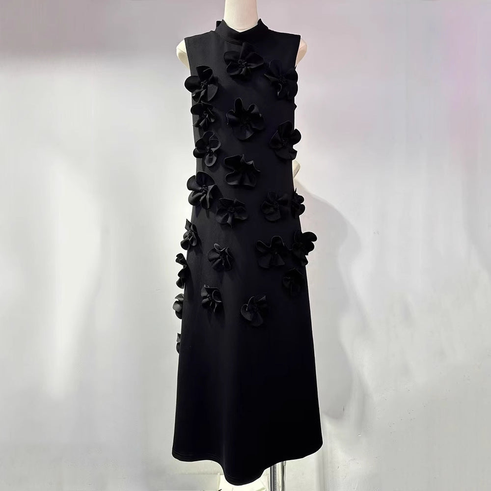 Elegant Sleeveless Mock Neck 3D Floral Maxi Dress