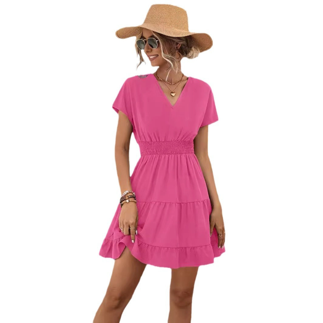 Short Sleeves V Neck Smock Waist Tiered Ruffled Dress