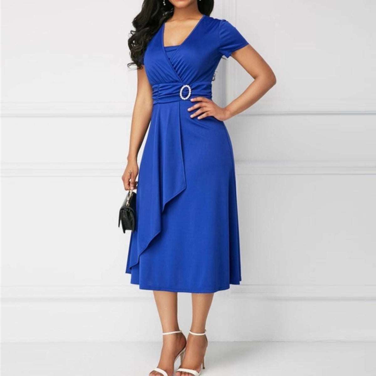 Elegant  V-Neck Asymmetrical Ruffled Midi Dress
