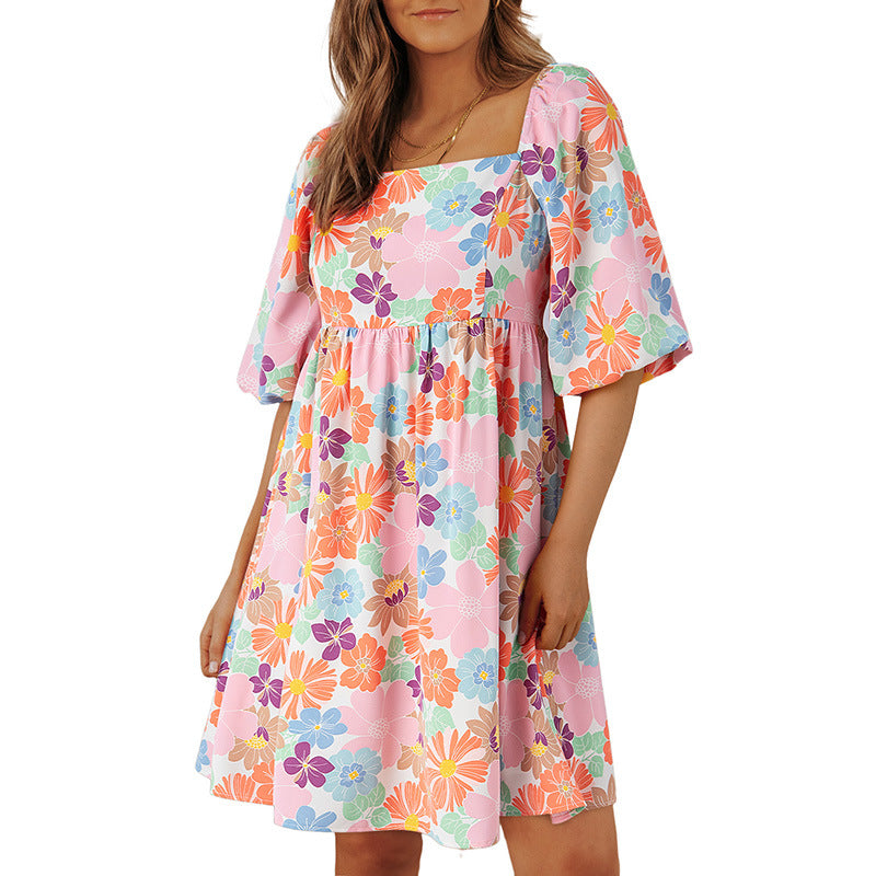 Floral Square Neck Short Puff Sleeve Babydoll Dress