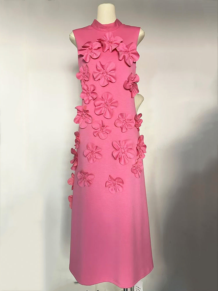 Elegant Sleeveless Mock Neck 3D Floral Maxi Dress