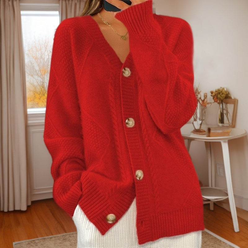 Button-Down Jacquard Long-Sleeved V-Neck Knitted Cardigan