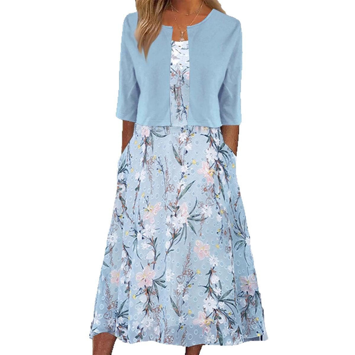 Blue Floral Dress With Open Front Jacket Two Piece Dress
