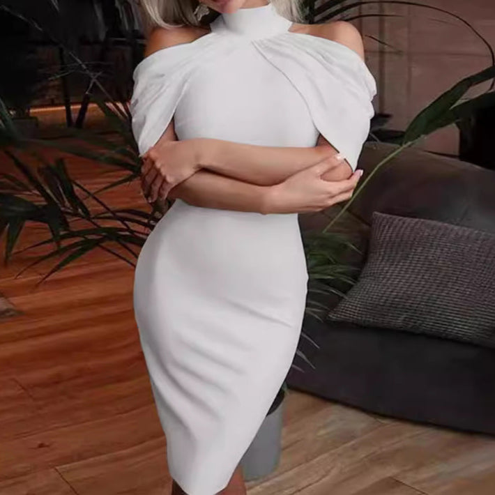 White Sexy Cold Shoulder Sheath Midi Dress