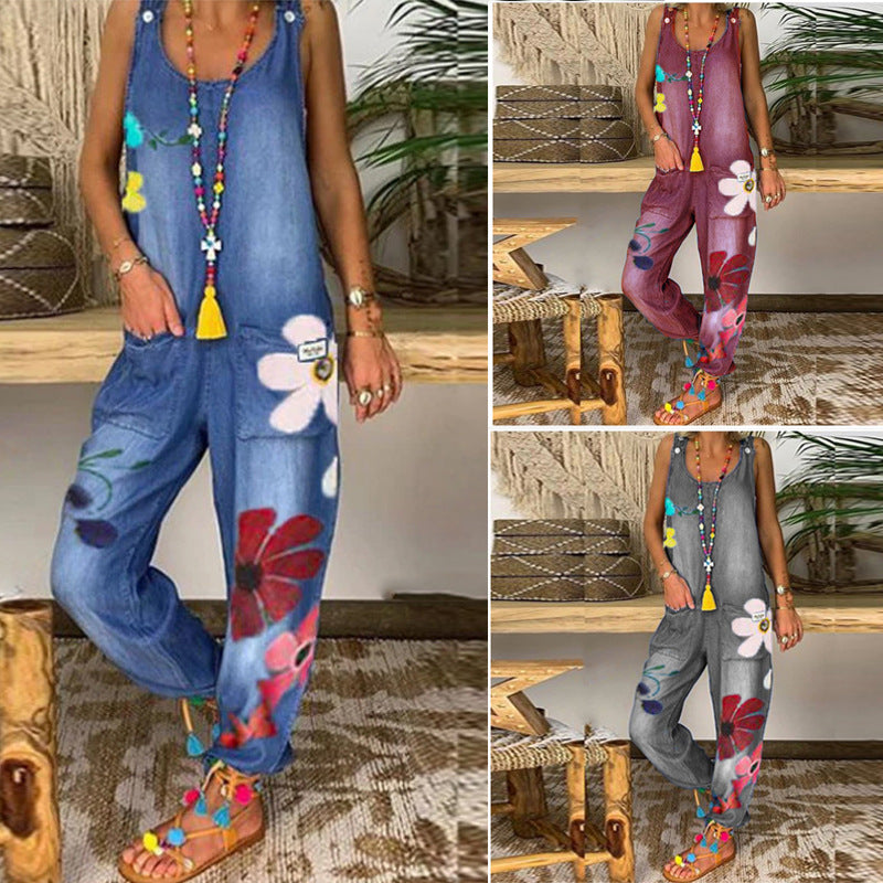 Denim Wide Leg Drop Crotch Jumpsuit Rompers Overalls