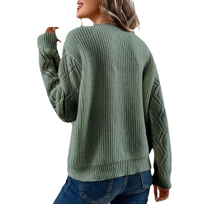 Classic V-Neck Lace Trim Casual Knitted Sweater
