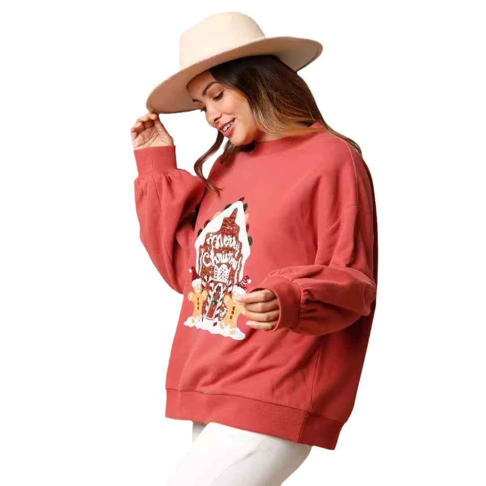 Christmas Casual Loose Long Sleeves Candy House Sequined Sweatshirt